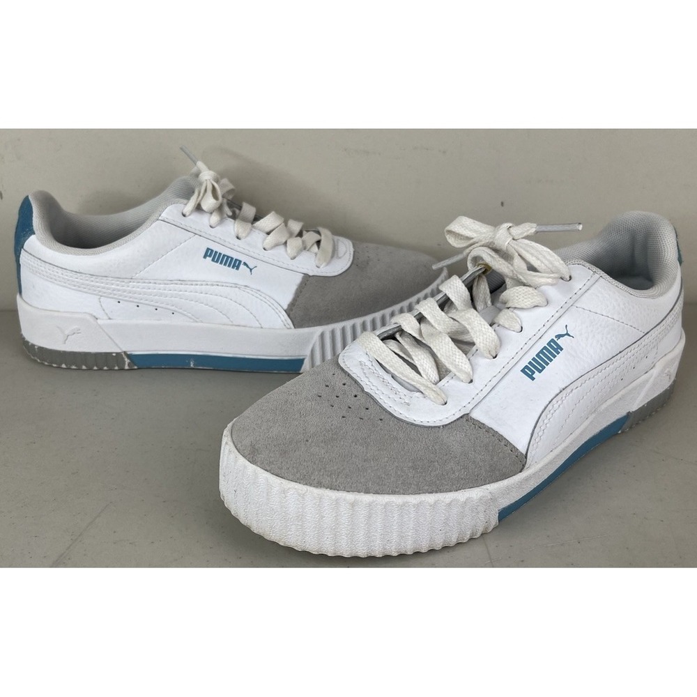 Puma Carina Sneakers Womens 8.5 White Grey Suede Toe Blue Court‎ Shoes 371925